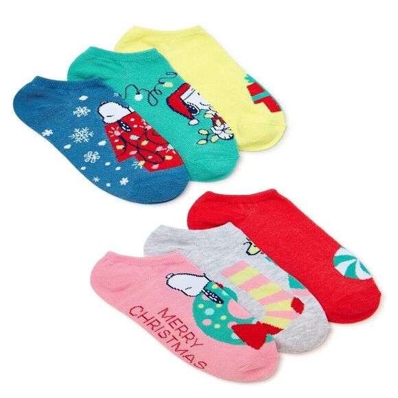 Peanuts Holiday No-Show Socks 6 Pair Shoe Size 4-10 by High Point Design - Picture 1 of 9